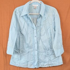 Nine West Size 14 Ruffled Aquamarine Cotton Button Up Blouse